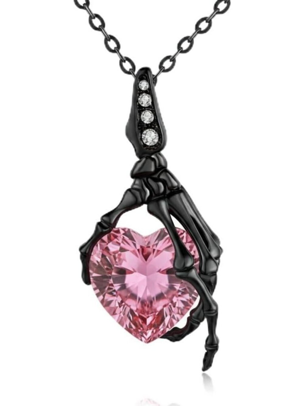 Gothic 925 Sterling Silver Skull Necklace with Heart Crystal Pendant - Unique
